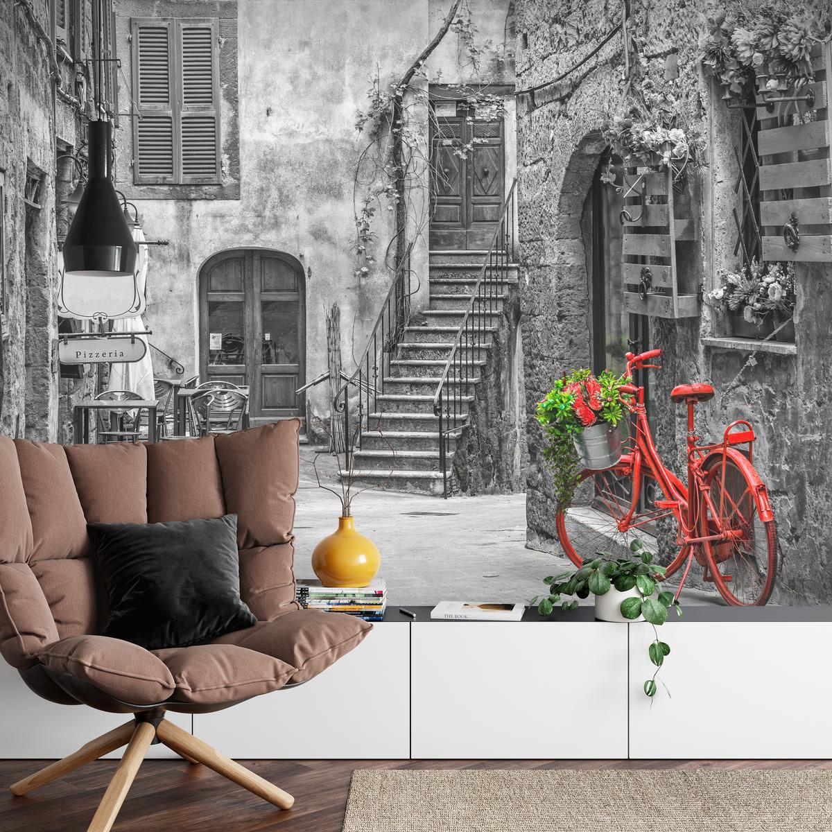 FOTOTAPETE für Wohnzimmer Italienische Gasse Rotes Fahrrad Toskana 400x280 - Rot/Schwarz, Papier (400/280cm) - Muralo