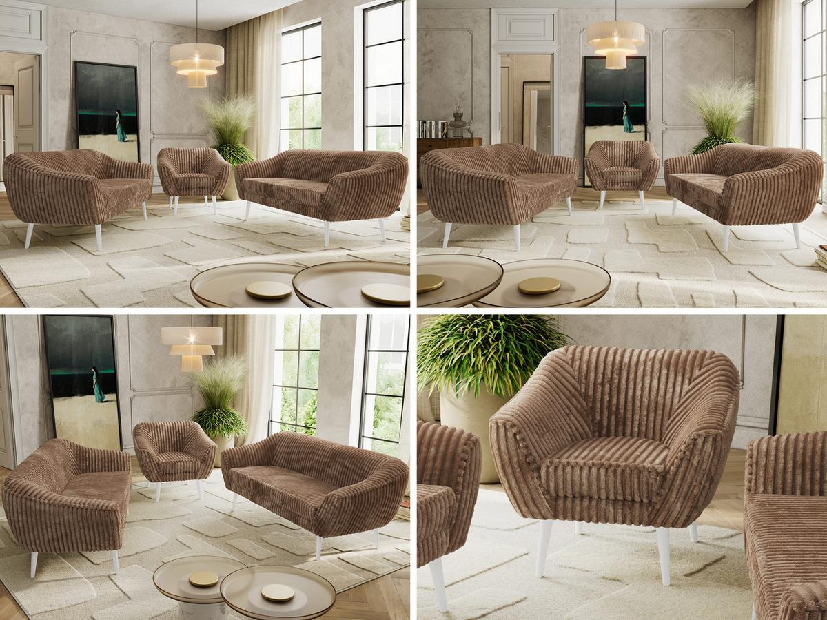 SITZGARNITUR PIRS 3+3+1 - Braun Cord - Weiße Beine - Braun/Weiß, Holzwerkstoff/Textil (180/75/74cm) - MKS