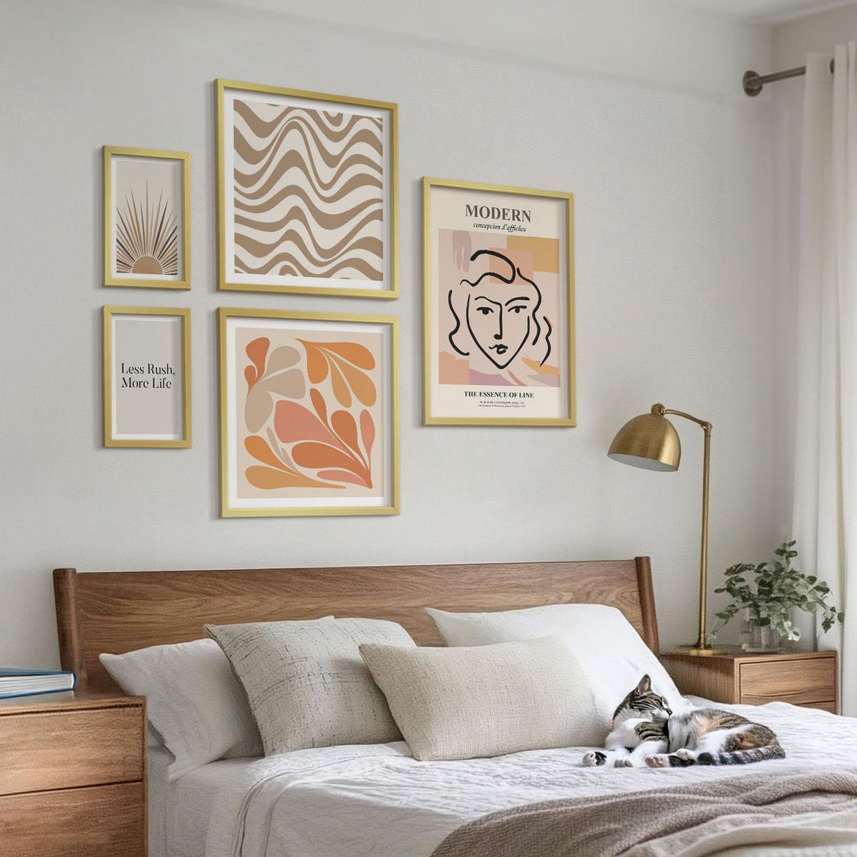 BILDER SET 5er Set - 50x50 cm & 20x30 cm & 40x60 cm Goldrahmen - Sonnen-Boho-Pastelltönen - Goldfarben, Kunststoff (40/60cm) - TULUP