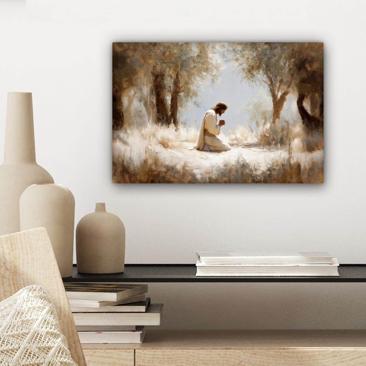 LEINWANDBILD Jesus - Kniend - Waldlandschaft - Betend Deko Schlafzimmer 30x20 cm - Beige/Hellblau, Textil (30/20cm) - MuchoWow