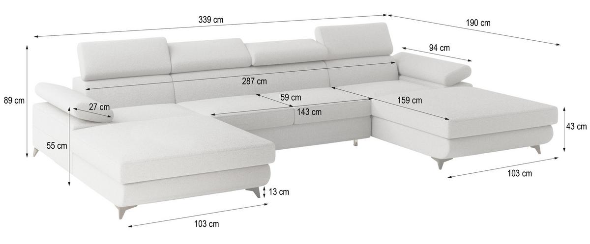 WOHNLANDSCHAFT DETTI Hellgrau Boucle-Stoff mit Schlaffunktion - Hellgrau, Holz (339/89/190cm) - MASSENO