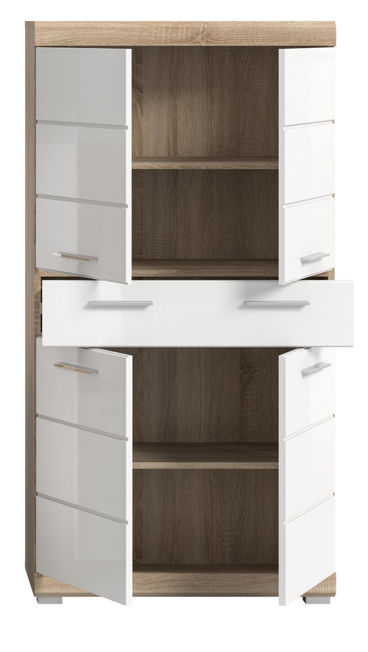 MIDISCHRANK weiß Hochglanz, Eiche 74 x 141 cm, Badschrank 4-türig mit Vollauszug - Weiß Hochglanz/Eichefarben, Holzwerkstoff/Kunststoff (74/141/31cm) - Inn.Furn