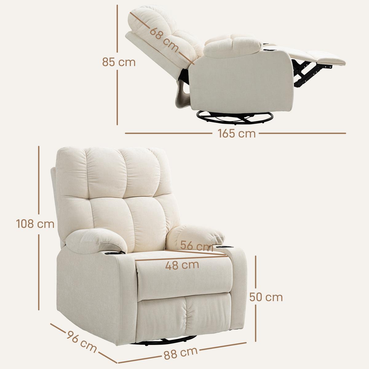RELAXSESSEL Drehbar Fernsehsessel mit Liegefunktion, Schaukelfunktion Beige - Beige/Schwarz, Textil/Metall (96/108/88cm) - HOMCOM