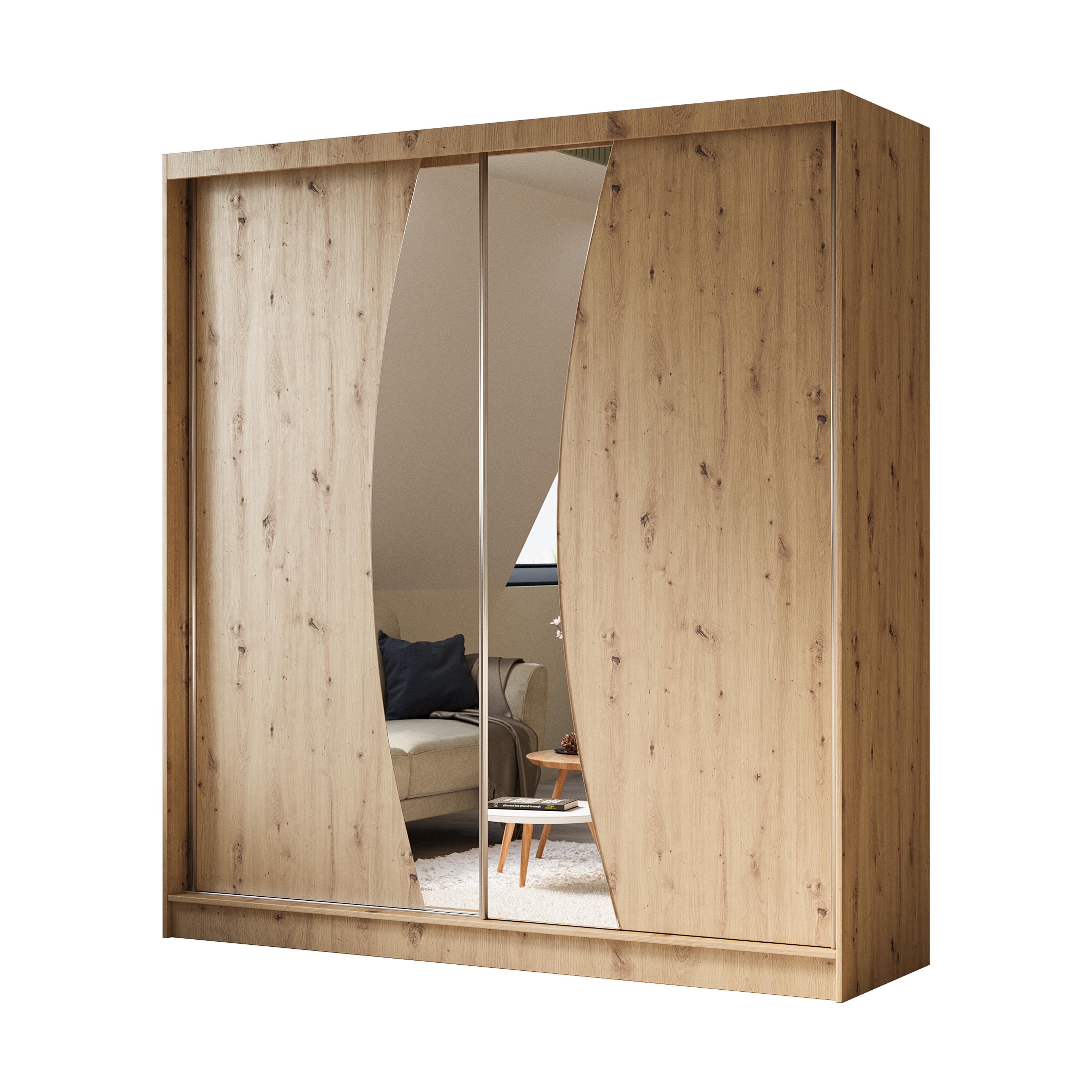 KLEIDERSCHRANK mit Spiegel-Schiebetüren und Aluminium-Leisten - VOXI - 200 cm Eiche Artisan - Eiche Artisan, Holzwerkstoff (200/216/61cm) - ALTDECOR