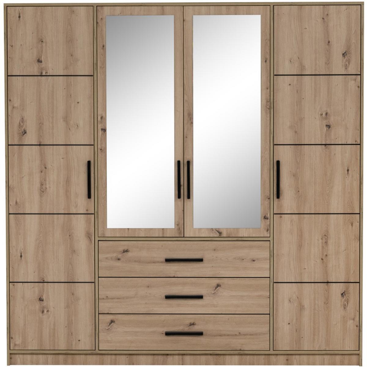 DREHTÜRENSCHRANK Kavo mit Spiegel und 4 Türen, eiche Artisan - Schwarz/Eiche Artisan, Holzwerkstoff (200/200/58cm) - Beautysofa