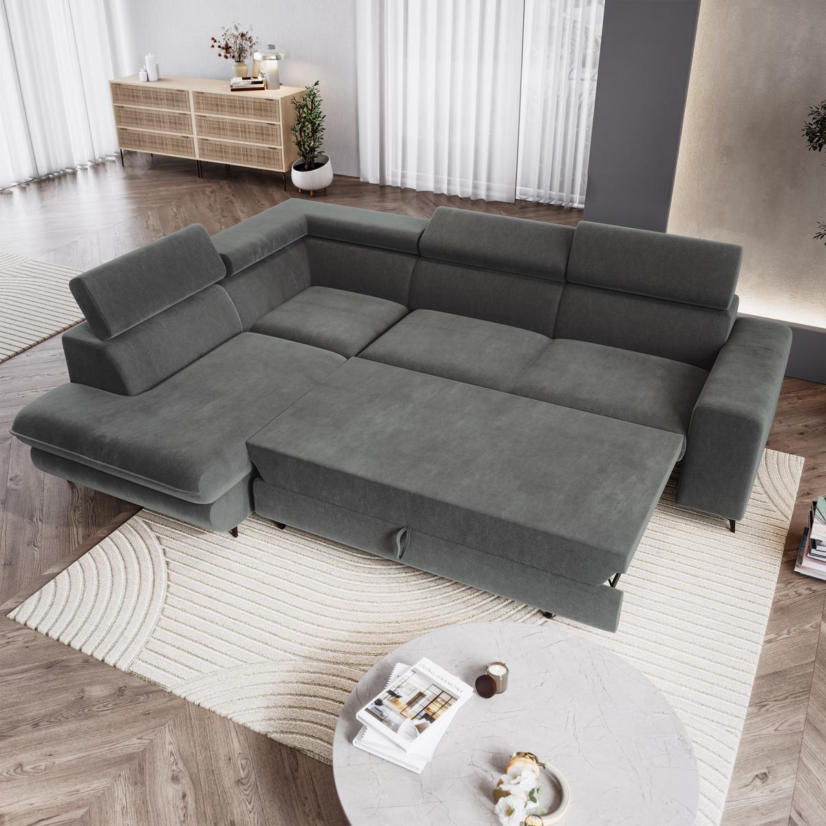 ECKSOFA VELISS Grau Veloursstoff mit Schlaffunktion - Grau, Holz (255/193cm) - MASSENO