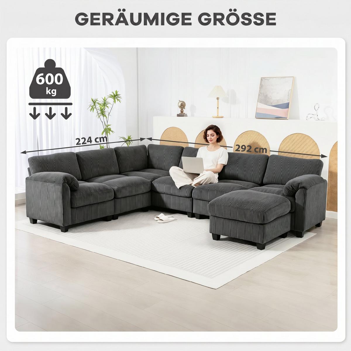 ECKSOFA Polyester Dunkelgrau - Dunkelgrau/Schwarz, Kunststoff/Textil (224/292cm) - HOMCOM