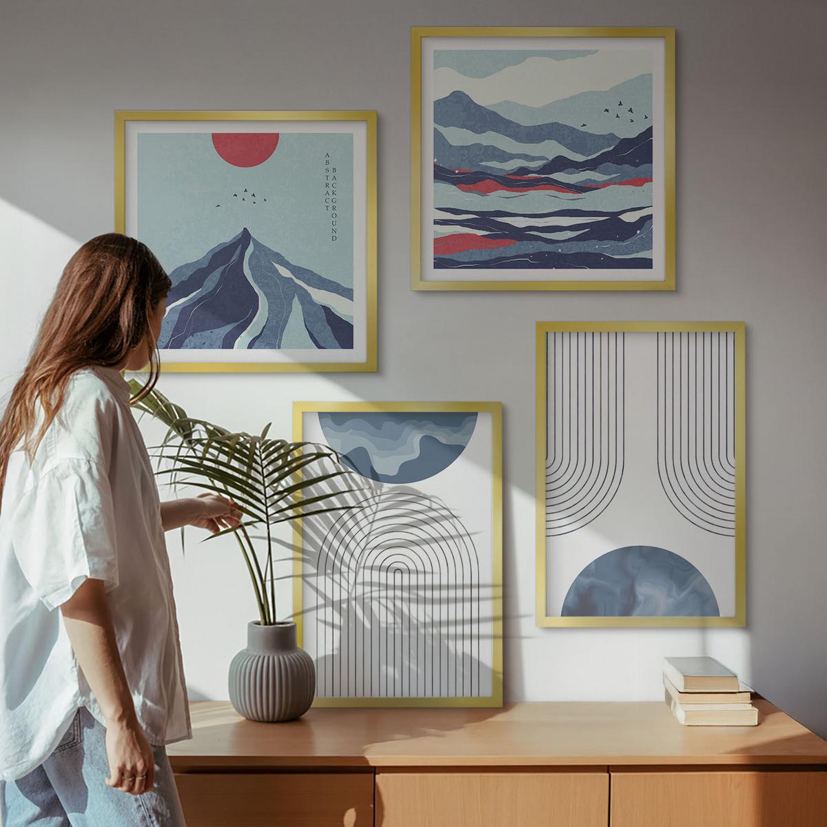 BILDER SET 4er Set - 50x50 cm & 40x60 cm Goldrahmen - Abstrakte Berglandschaften - Goldfarben, Kunststoff (50/50cm) - TULUP
