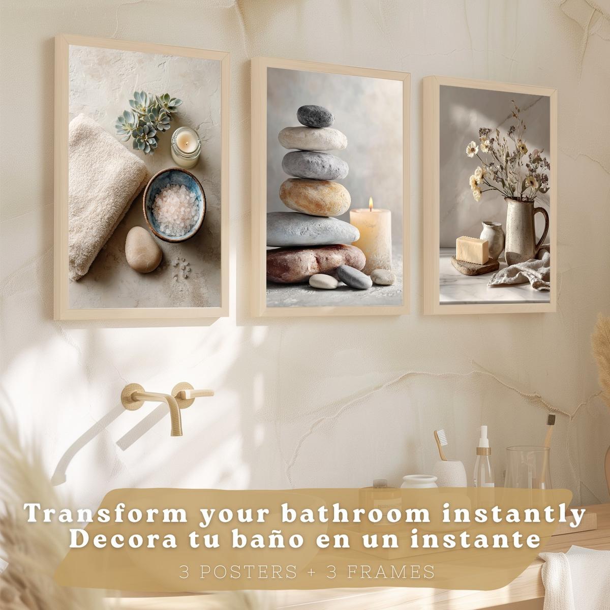 POSTER 3er-Set dekorative Badezimmer Kunstdrucke, Zen-Spa-Stil, minimalistische Bilder mit Steinen, Kerzen und Blumen, Leichter Holzrahmen A3 - Beige, Papier (42/29.7/3cm) - Nacnic