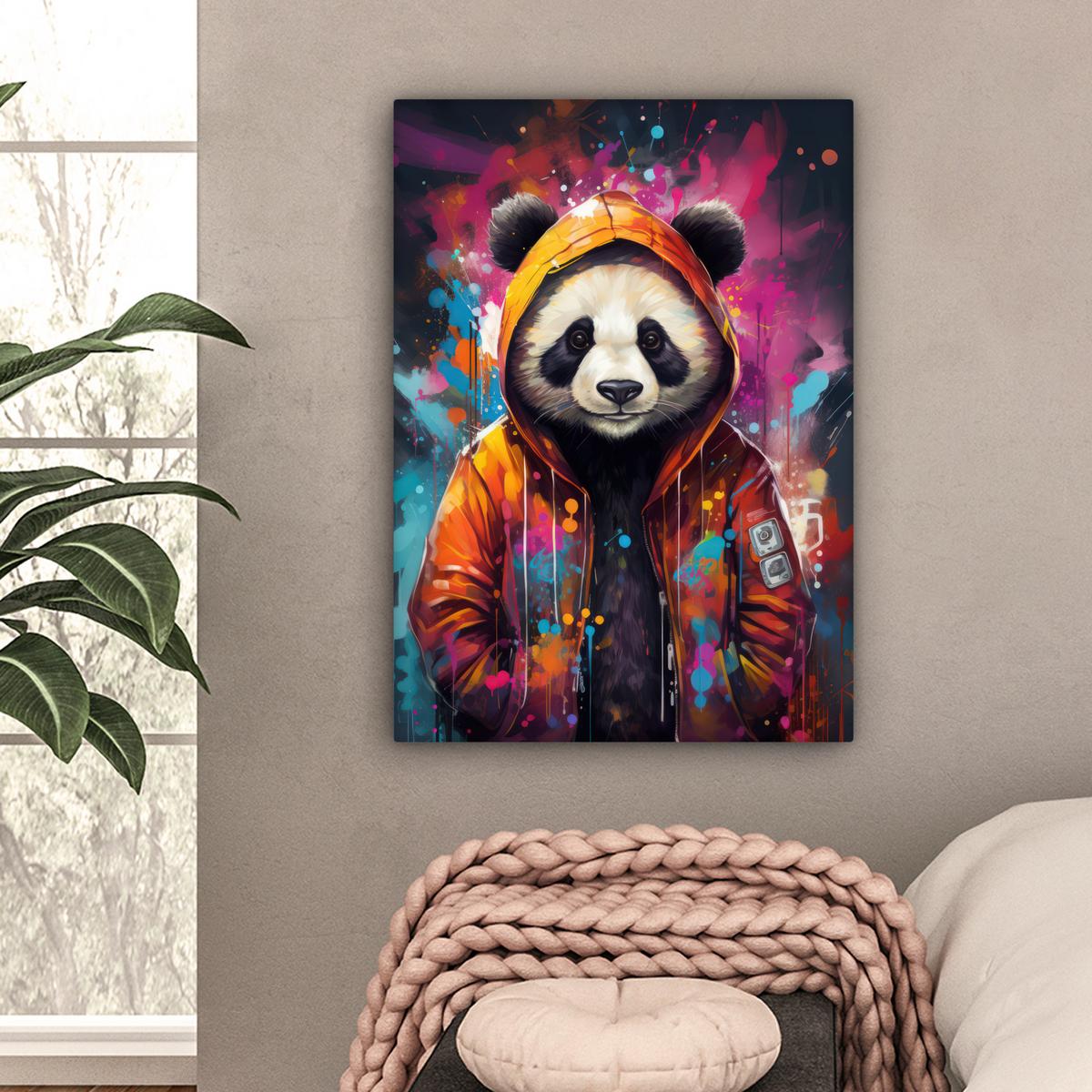 LEINWANDBILD Panda - Jacke - Graffiti - Orange Wandbild Wohnzimmer 60x80 cm - Orange, Textil (60/80cm) - MuchoWow