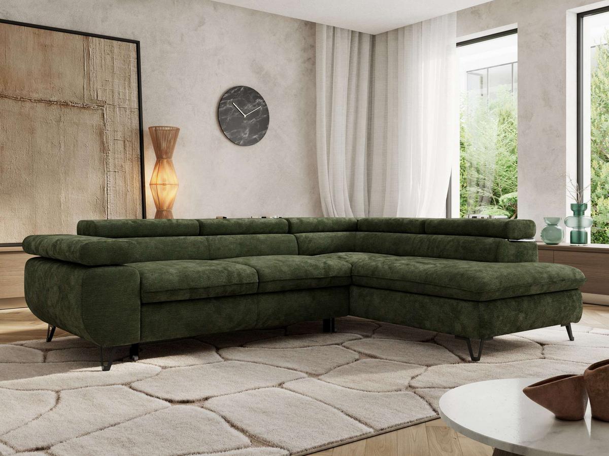 ECKSOFA PABLO L Dunkelgrün Schenille glatt - Rechts Seite - Dunkelgrün/Schwarz, Textil/Metall (273/208cm) - MKS