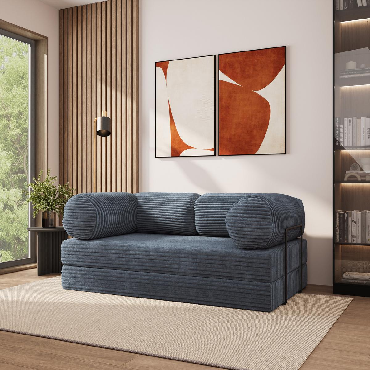 BETTSOFA ALVIO aus Schaumstoff Kordstoff Grau Schlaffunktion - Blaugrau, Textil (170/68/80cm) - MASSENO