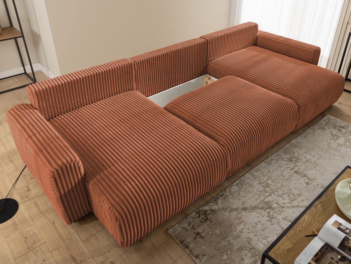 WOHNLANDSCHAFT Calma mit Schlaffunktion und Bettkasten im Bumpy-Design aus weichem Terrakotta Plüschcord - Beige/Terracotta, Holz/Textil (336/88/140cm) - S-Style