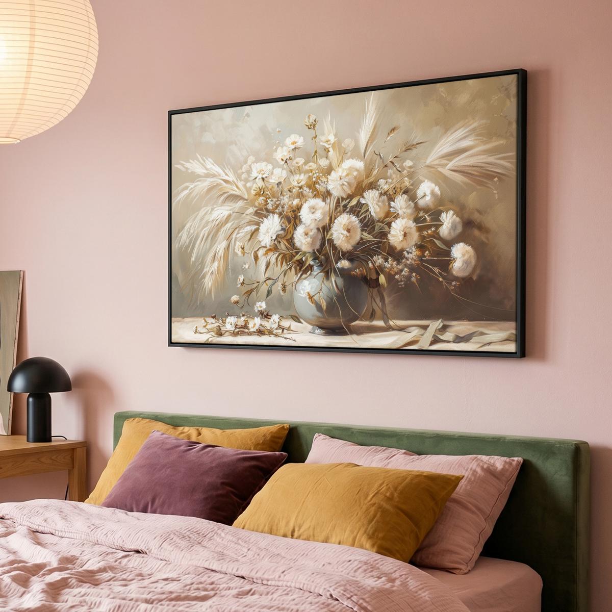 LEINWAND Bilder mit Rahmen - Blumen - Vase - Stilleben - Beige - 120x80 - Creme, Textil (120/80cm) - MuchoWow