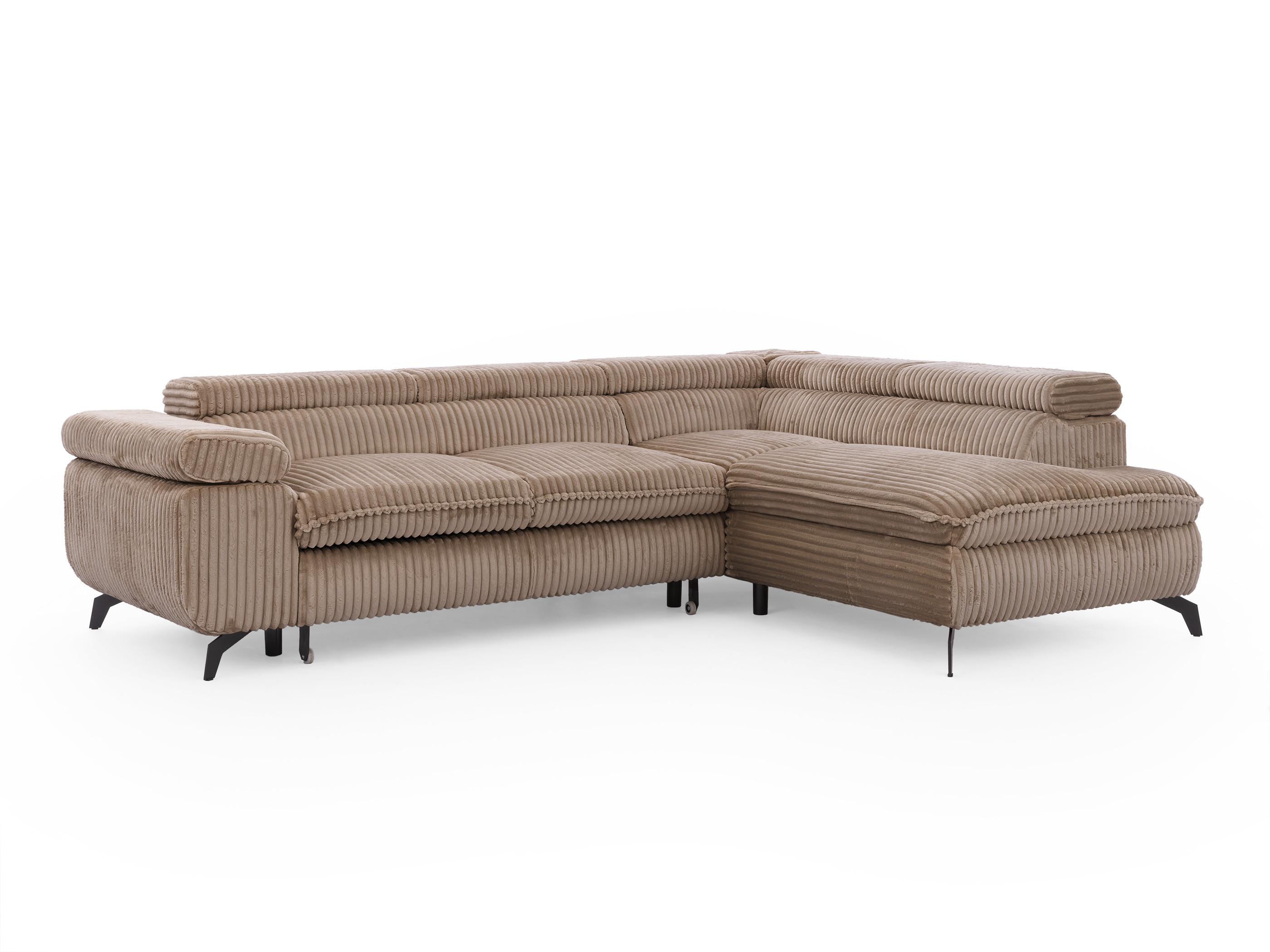 ECKSOFA mit Schlaffunktion und Bettkasten Bonnie aus Beige Cord-Stoff mit verstellbaren Kopfstützen und Armlehne - Ottomane rechts - Beige/Schwarz, Holz/Textil (275/210cm) - S-Style Möbel