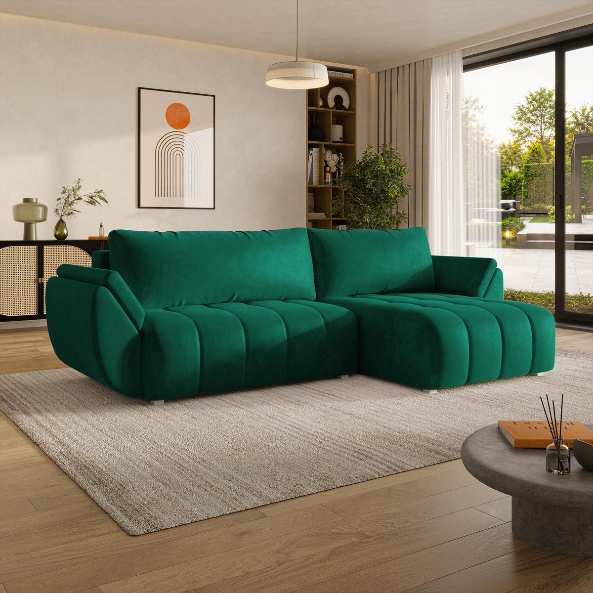 ECKSOFA OLSI Grün Velours-Stoff mit Schlaffunktion - Grün, Holz (285/148cm) - MASSENO