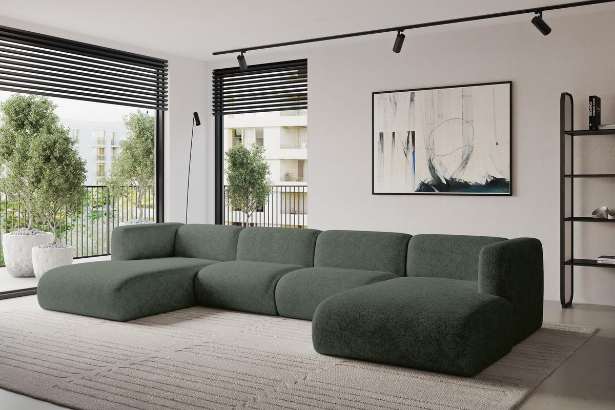 WOHNLANDSCHAFT MIRA-U2 408x179x70 Grün Velours - Schwarz/Grün, Holzwerkstoff/Kunststoff (408/70/179cm) - ALTDECOR