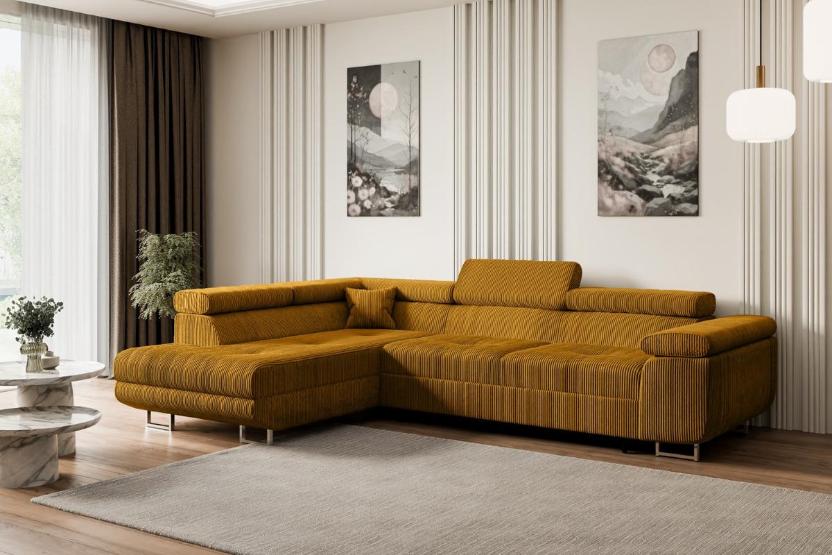 ECKSOFA mit Schlaffunktion und Bettkasten GUSA-L 272x202x107 cm Senfgelb Cord - Gelb/Silberfarben, Holzwerkstoff/Textil (202/272cm) - ALTDECOR