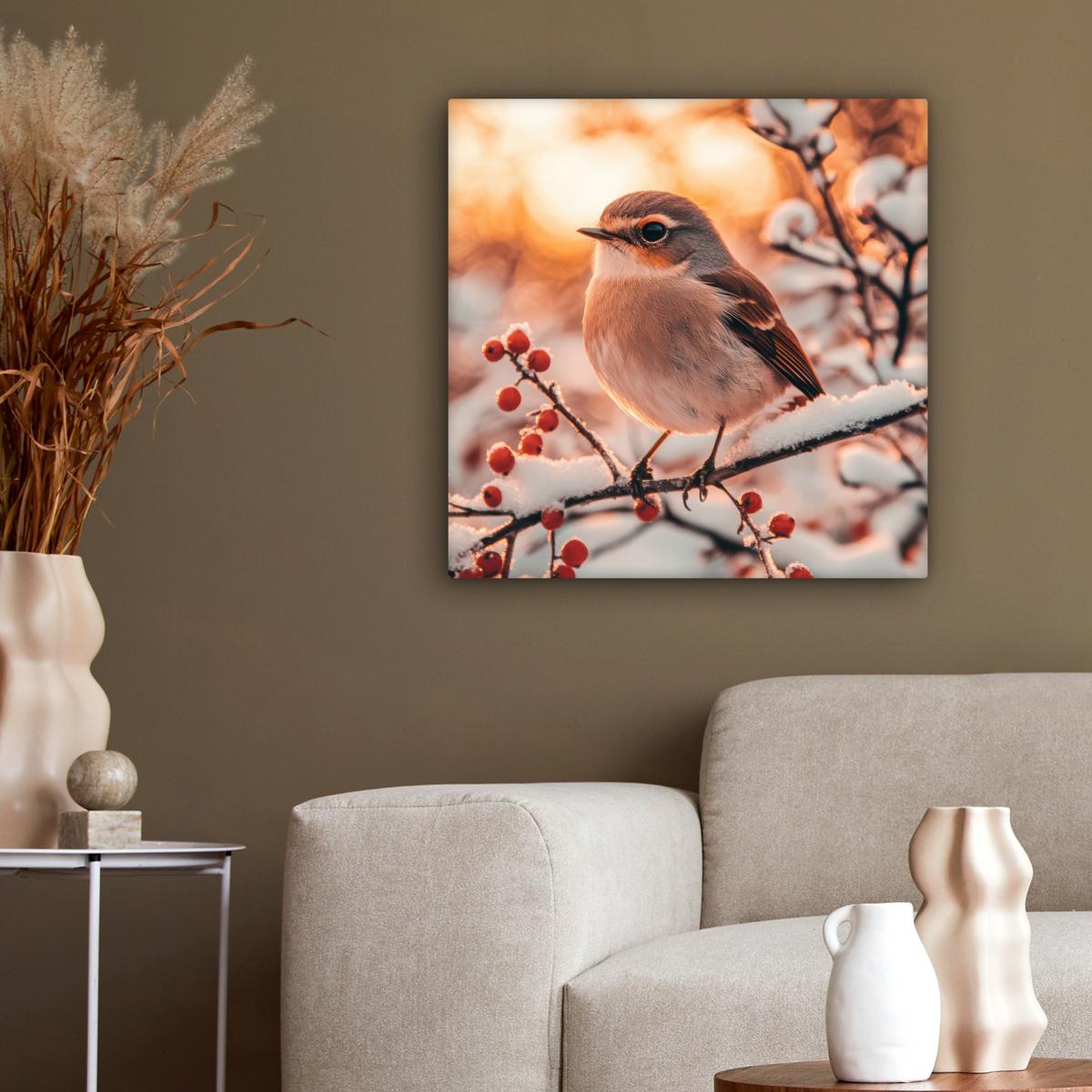 LEINWANDBILD Vogel - Zweig - Winter - Tiere - Schnee Wandbild Wohnzimmer 50x50 cm - Bernsteinfarben, Textil (50/50cm) - MuchoWow