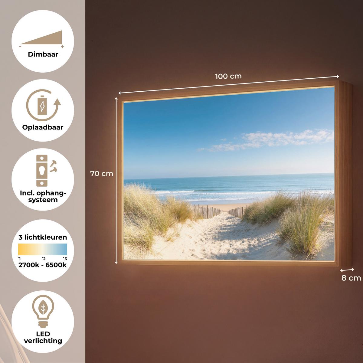 WANDLEUCHTE MIT AKKU Strand - Meer - Düne - Sand - Sommer 100x70 cm - Sandfarben, Holzwerkstoff (100/70/8cm) - OnlyWow