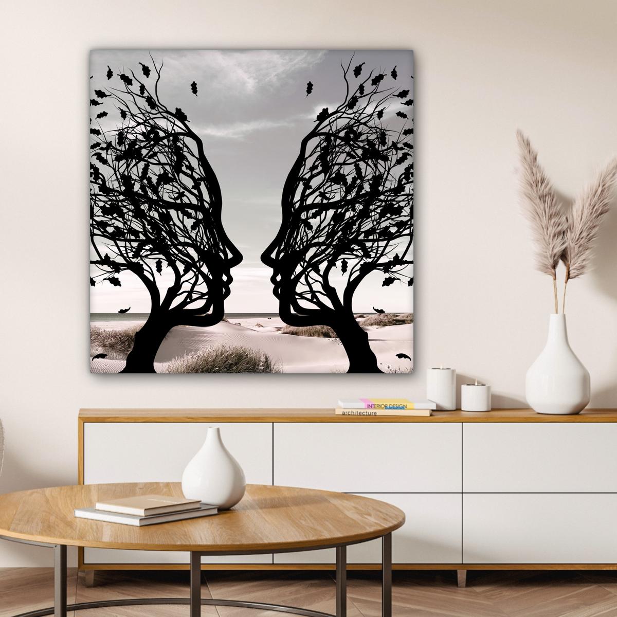 LEINWANDBILD Strand - Meer - Menschen - Baum - Moderne Kunst Deko Groß 90x90 cm - Hellgrau, Textil (90/90cm) - MuchoWow