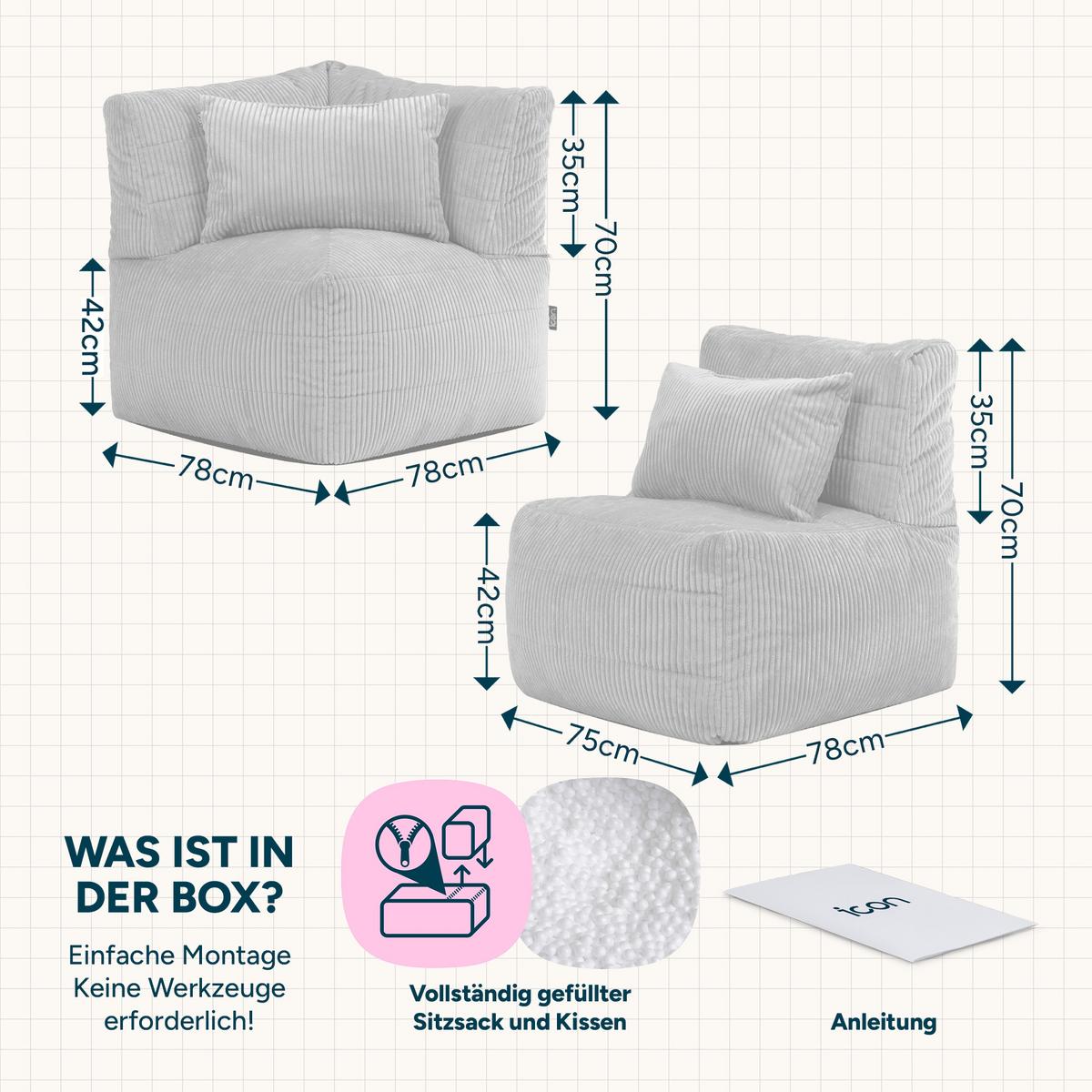 SITZSACK-SOFA 3-tlg. modular cord Noa - Beige, Textil (228/70/78cm) - icon