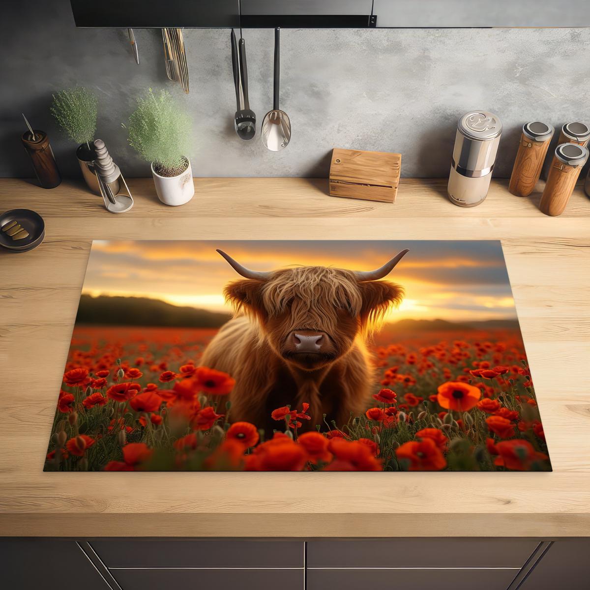 HERDABDECKPLATTE Schottische Highlander - Rosen - Blumenfeld - Sonnenuntergang Induktionsschutz 81.6x52.7 cm - Rotbraun, Kunststoff (81.6/52.7/0.2cm) - MuchoWow