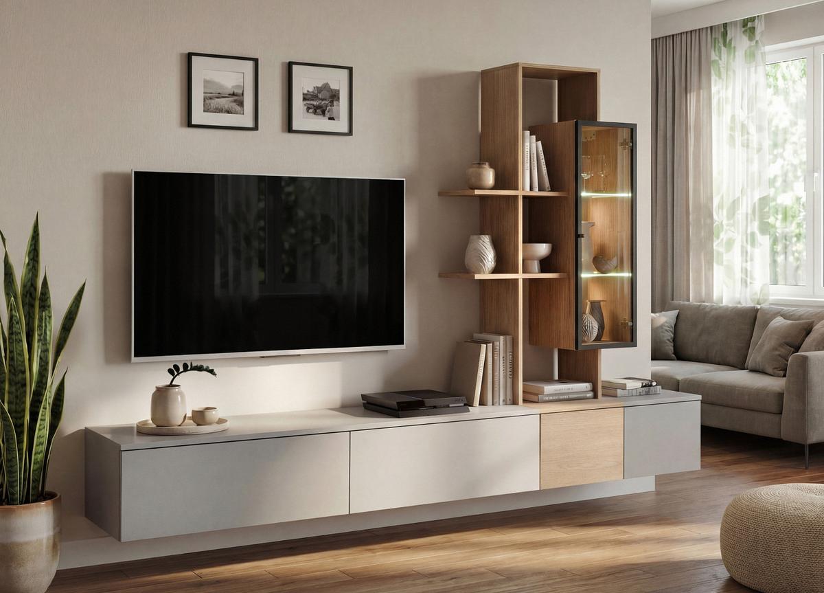 WOHNWAND Arktis-Grau, Cremona Eiche hängend 240 cm, Schrankwand mit LED und Push-to-Open - Eichefarben/Hellgrau, Glas/Holzwerkstoff (240/160/40cm) - Inn.Furn