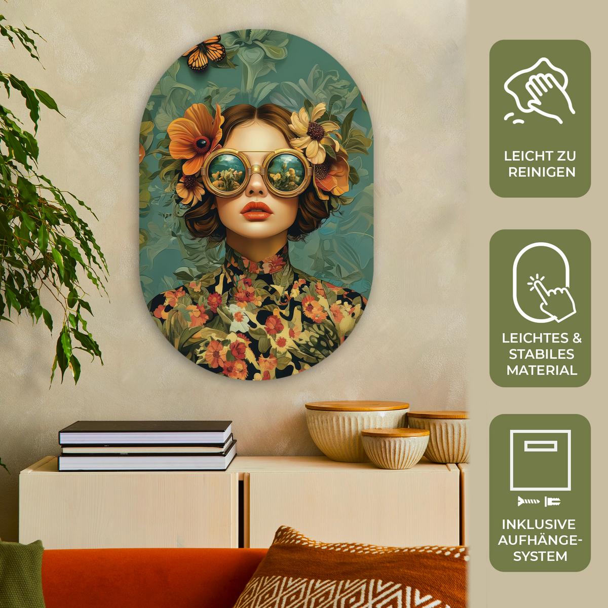 WANDBILD Frau - Blumen - Schmetterlinge - Natur - Vintage Wanddeko Schlafzimmer 60x90 cm - Petrol, Kunststoff (60/90cm) - MuchoWow