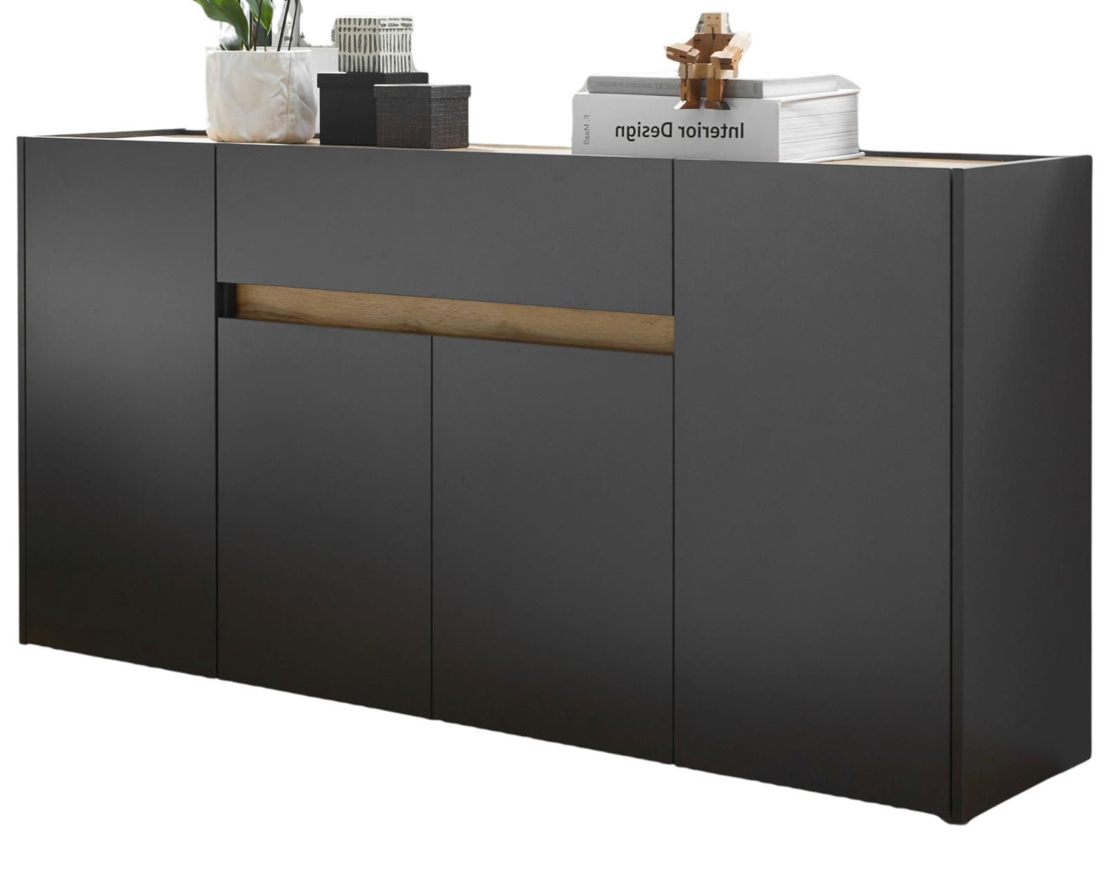 SIDEBOARD grau matt, Eiche Wotan 170 x 87 cm, Kommode 4-türig - Eiche Wotan/Schwarz, Holzwerkstoff/Kunststoff (170/87/40cm) - Furn.Design