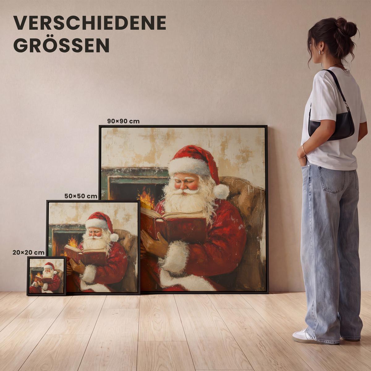 LEINWAND Bilder mit Rahmen - Weihnachten - Weihnachtsmann - Winter - Open Fireside - 90x90 - Dunkelrot, Textil (90/90cm) - MuchoWow