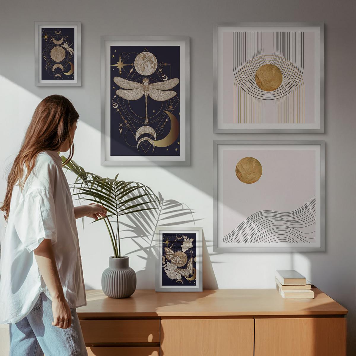 BILDER SET 5er Set - 50x50 cm & 20x30 cm & 40x60 cm Silberner Rahmen - Naturmotive mit dem Mond - Silberfarben, Kunststoff (40/60cm) - TULUP