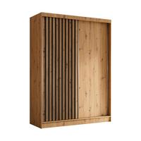 KLEIDERSCHRANK mit furnierten Schiebetüren und Aluminium-Leisten - LABELO - 160 cm Artisan+Artisan+Schwarz - Schwarz/Eiche Artisan, Holzwerkstoff (160/216/61cm) - ALTDECOR