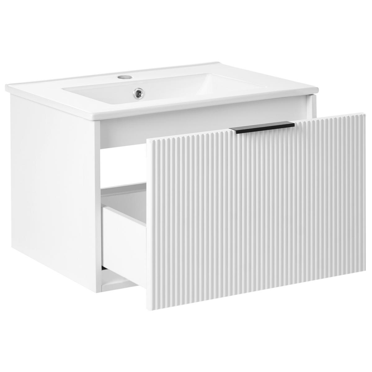 WASCHBECKENUNTERSCHRANK wandmontiertk mit Waschbecken mit schwarzem Griff Weiß Tilcara - Weiß, Holzwerkstoff (60/38/72cm) - Beliani