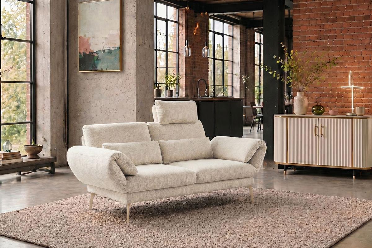 SOFA HOLLY Weiß Flachgewebe - Weiß/Braun, Textil/Metall (176/90/92cm) - KAWOLA