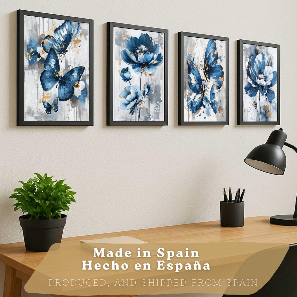 POSTER 4er Kunstdruck-Set Wandbilder Blumen Blau Schmetterlinge modern Wohnzimmer Deko, Schlafzimmer, Küche, Badezimmer Rahmenlos A3 - Klar, Papier (29.7/1/42cm) - Nacnic