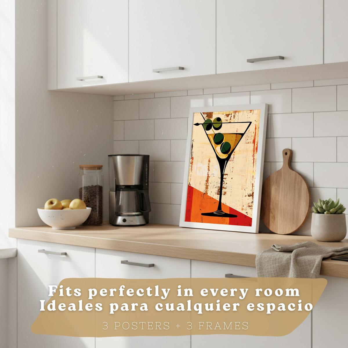 POSTER 3er Set Küchen-Wandbilder Vintage Chili Martini und Brot Olivenöl Retro Esszimmer Bar Deko Weißer Rahmen A4 - Weiß, Papier (29.7/1/21cm) - Nacnic