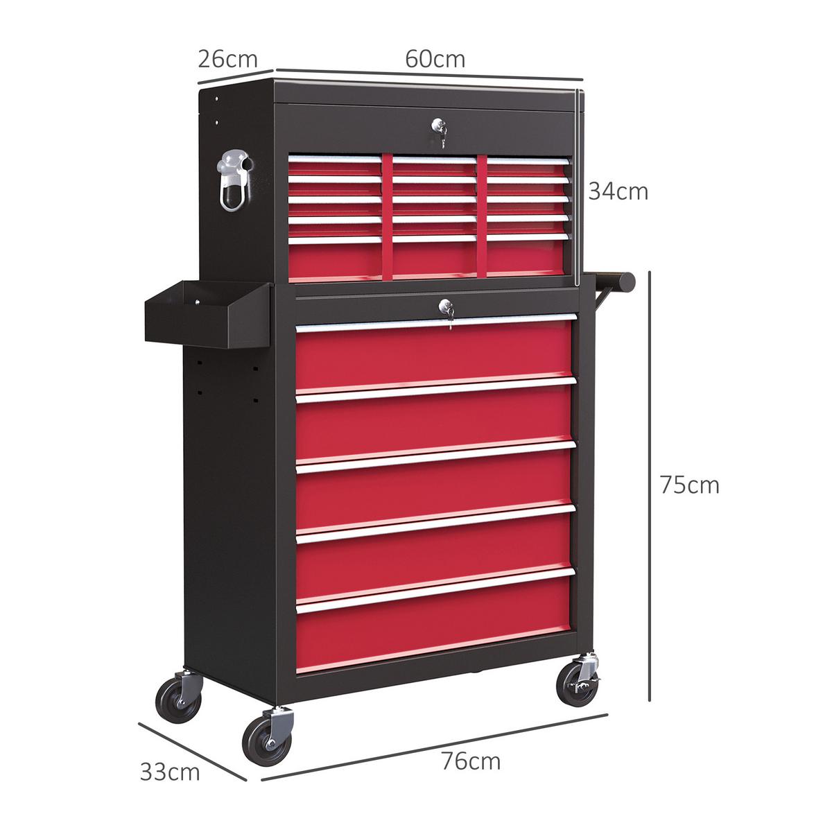 WERKSTATTWAGEN mit Rollen, mit 14 Schubladen, Rot - Rot, Metall (33/75/76cm) - HOMCOM