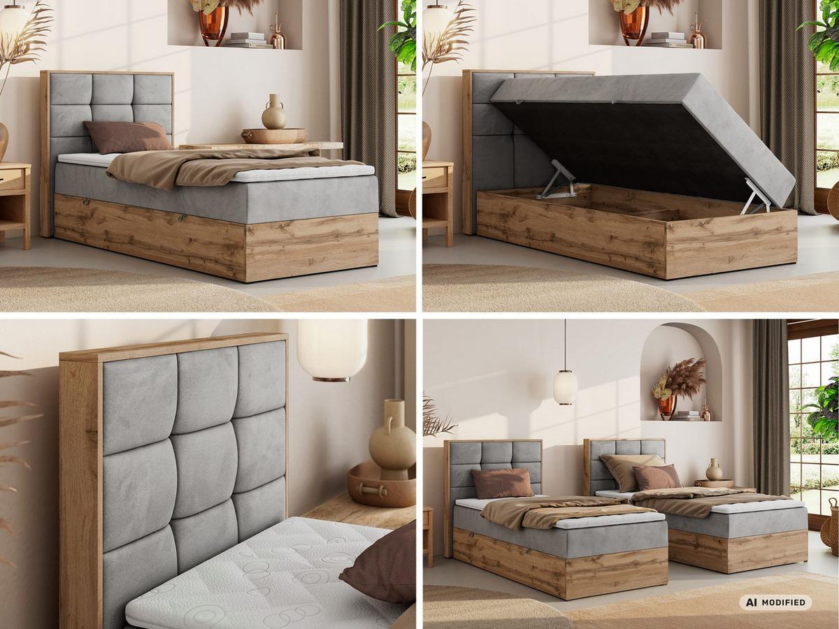 BOXBETT ALBERO 1 90/200 - Hellgrau Velvet - Topper Visco - H4 - Links - Hellgrau/Schwarz, Kunststoff/Textil (90/200cm) - MKS