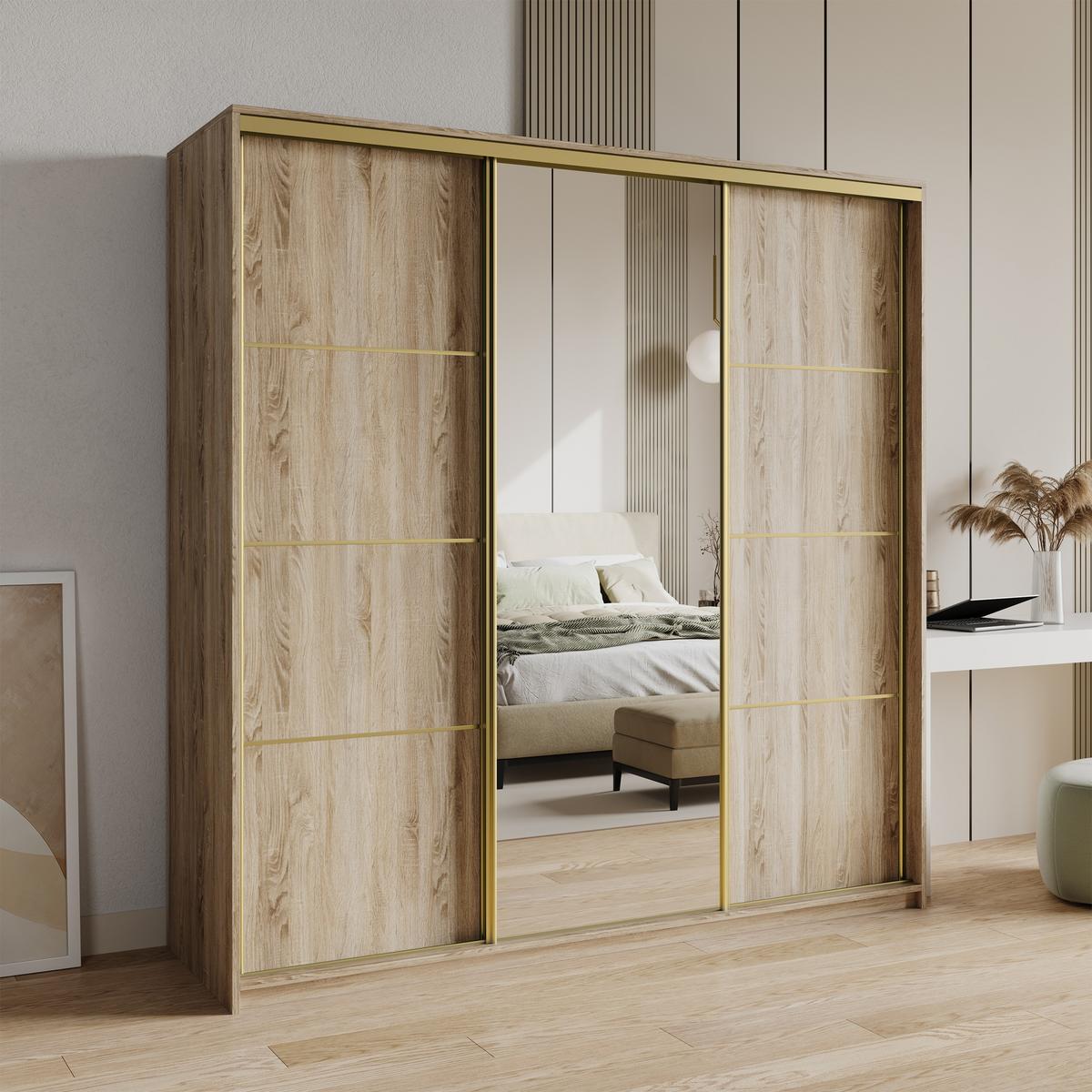 SCHWEBETÜRENSCHRANK VARO 200/205/60 cm 3-türig mit Spiegel Sonoma Eiche - Sonoma Eiche, Holzwerkstoff (200/205/60cm) - MASSENO