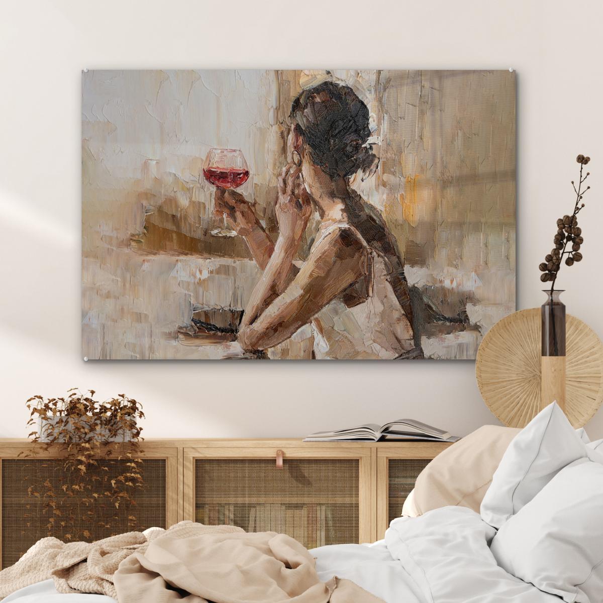 ACRYLGLASBILD Ölgemälde - Frau - Wein Wandbild Schlafzimmer 120x80 cm - Hellbraun, Glas (120/80cm) - MuchoWow