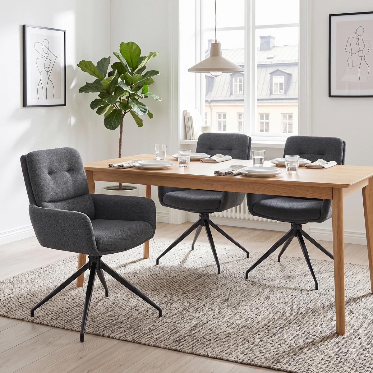 ESSZIMMERSTUHL 2er set stoff leinenoptik gepolstert drehbar metallgestell - Dunkelgrau, Textil (55/85/50cm) - Urban Meuble