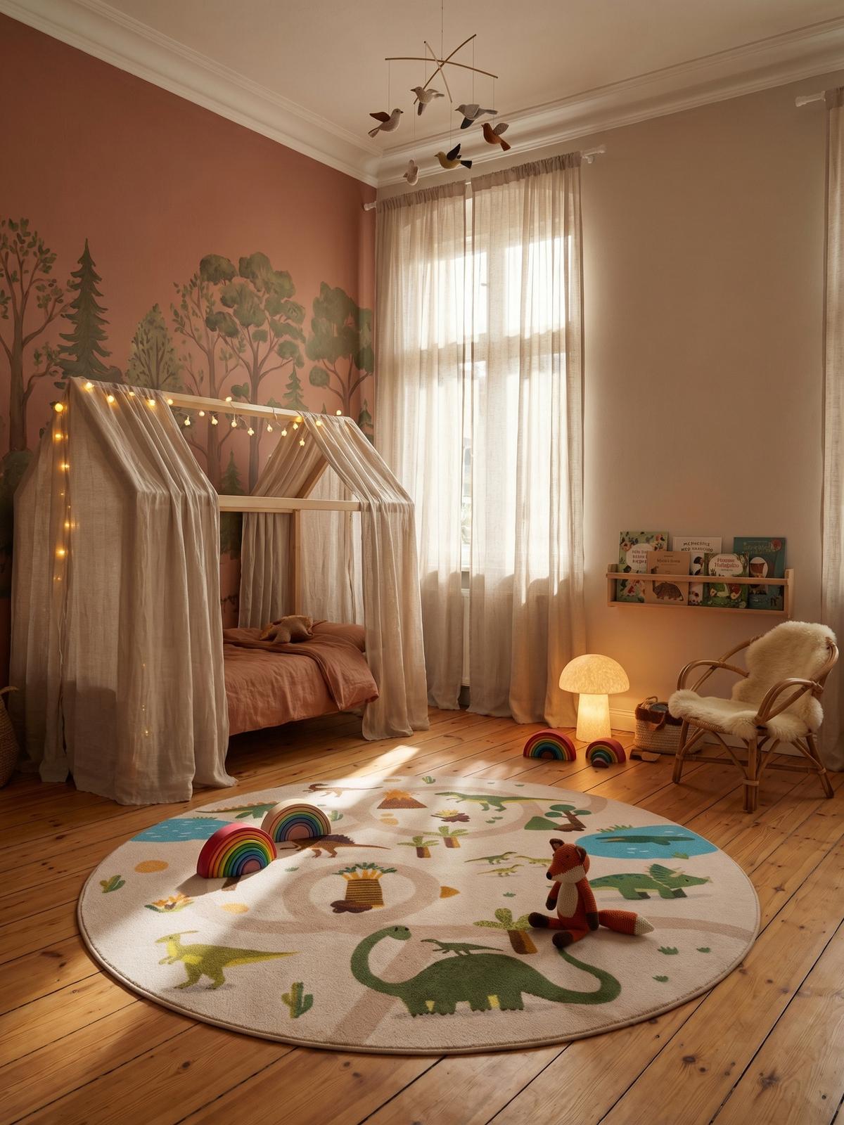 SPIELTEPPICH Waschbar TINO in Beige, mit Dino-Landschaft, Ø 120 cm - Beige, Textil (120/120cm) - KADIMA DESIGN