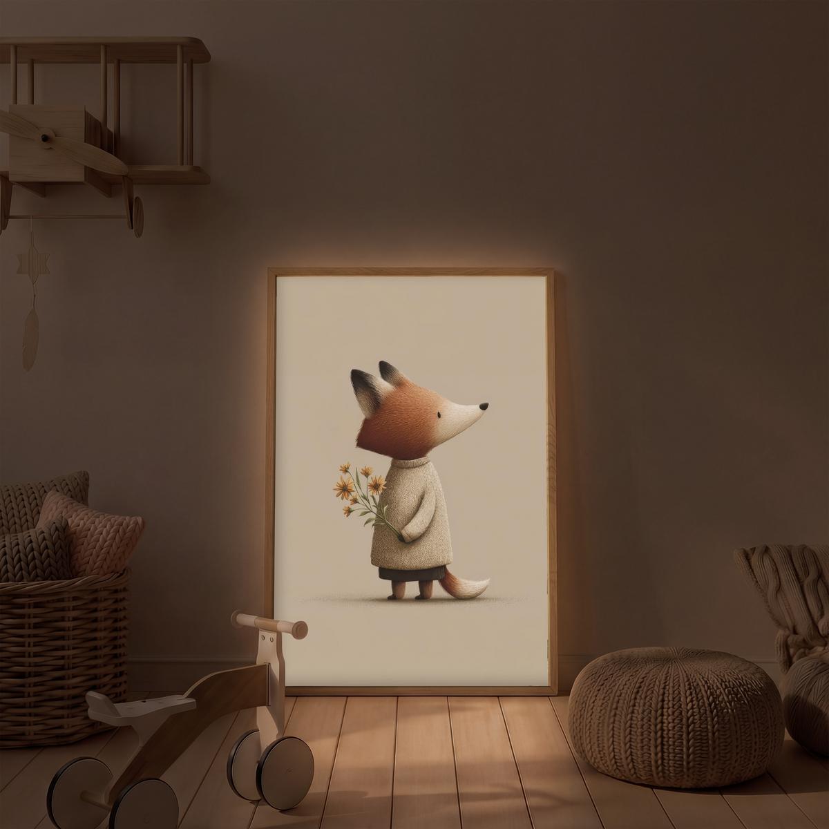 WANDLEUCHTE MIT AKKU Fuchs - Gelbe Blumen - Minimalistisch 60x90 cm - Taupe, Holzwerkstoff (60/90/8cm) - OnlyWow