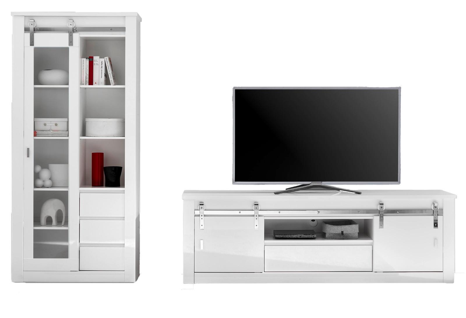 WOHNWAND weiß Hochglanz 2-teilig 309 x 201 cm, Wohnkombination mit Soft-Close - Chromfarben/Weiß Hochglanz, Glas/Holzwerkstoff (309/201/43cm) - Furn.Design