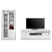 WOHNWAND weiß Hochglanz 2-teilig 309 x 201 cm, Wohnkombination mit Soft-Close - Chromfarben/Weiß Hochglanz, Glas/Holzwerkstoff (309/201/43cm) - Furn.Design