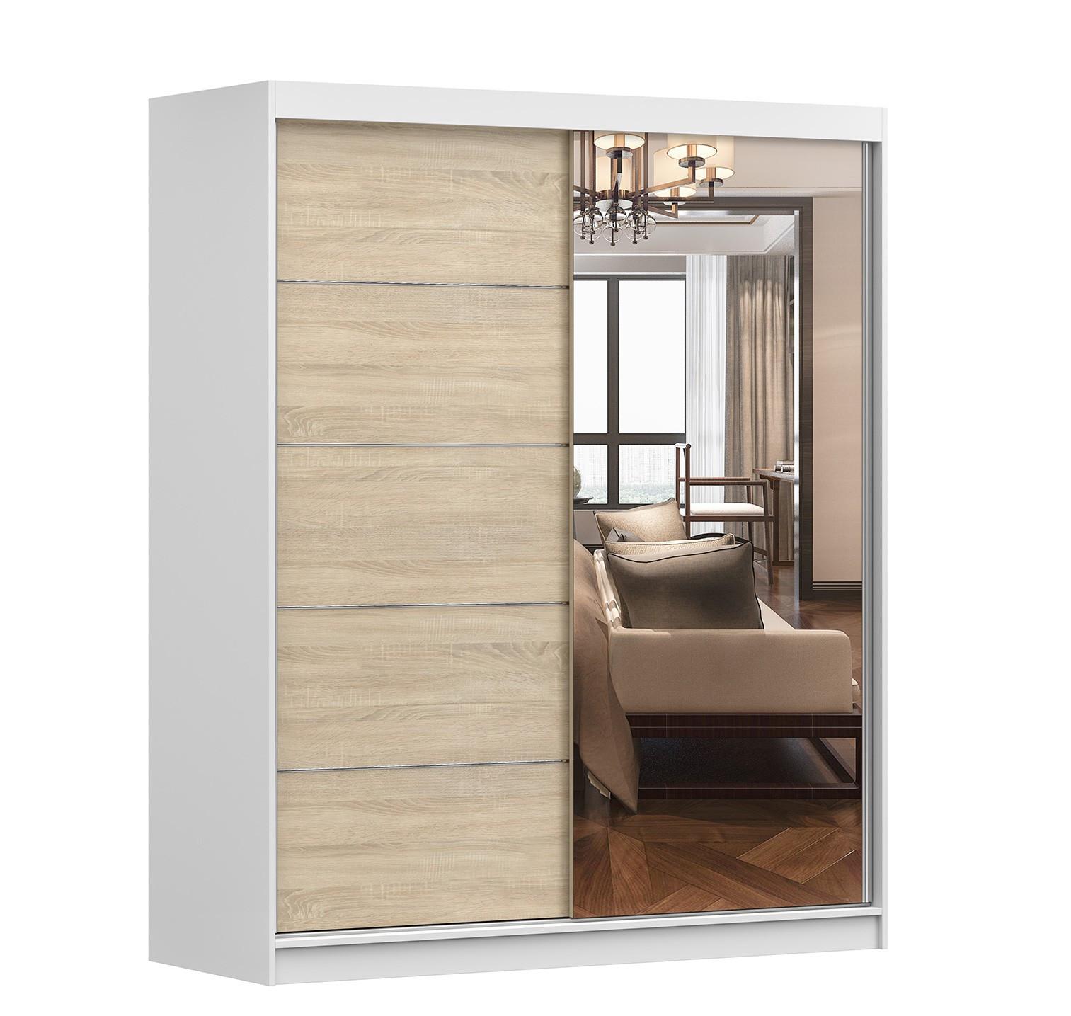 SCHWEBETÜRENSCHRANK Bono 05 Weiß/Sonoma Eiche mit Spiegel 160 cm - Alufarben/Weiß, Glas/Holzwerkstoff (160/195/61cm) - imoebel24