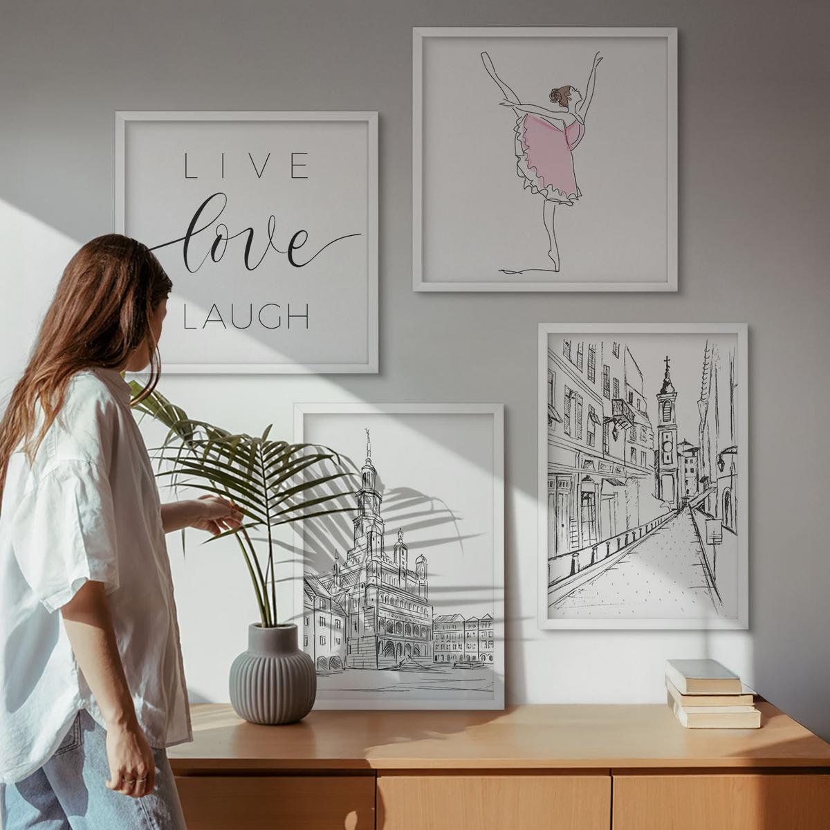 BILDER SET 4er Set - 50x50 cm & 40x60 cm Weißer Rahmen - Stilvolle Grafik, Ballerina-Architektur - Weiß, Kunststoff (50/50cm) - TULUP