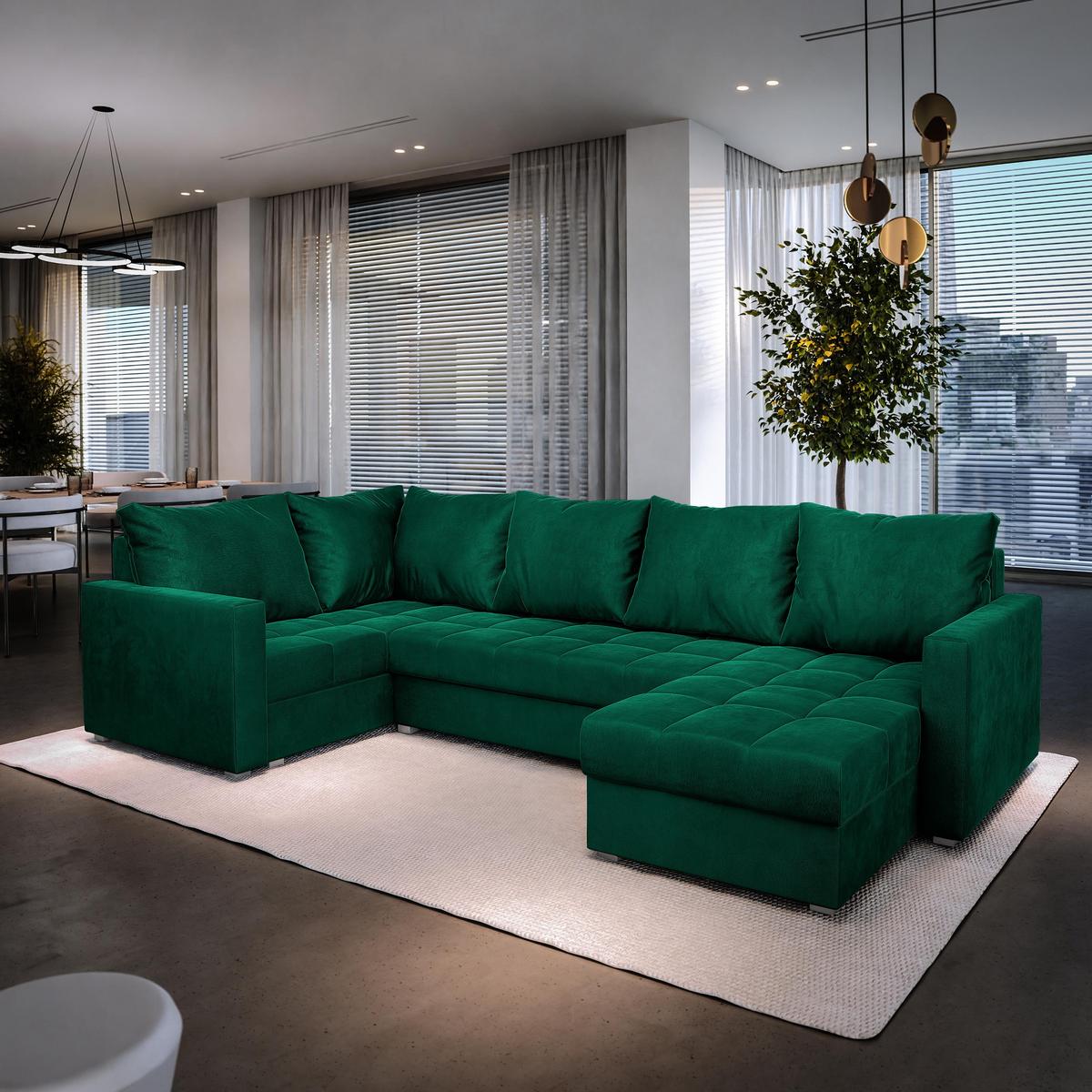 WOHNLANDSCHAFT LORIVO L-S Grün Plüsch-Stoff mit Schlaffunktion - Grau/Grün, Holz/Kunststoff (285/85/150cm) - MASSENO