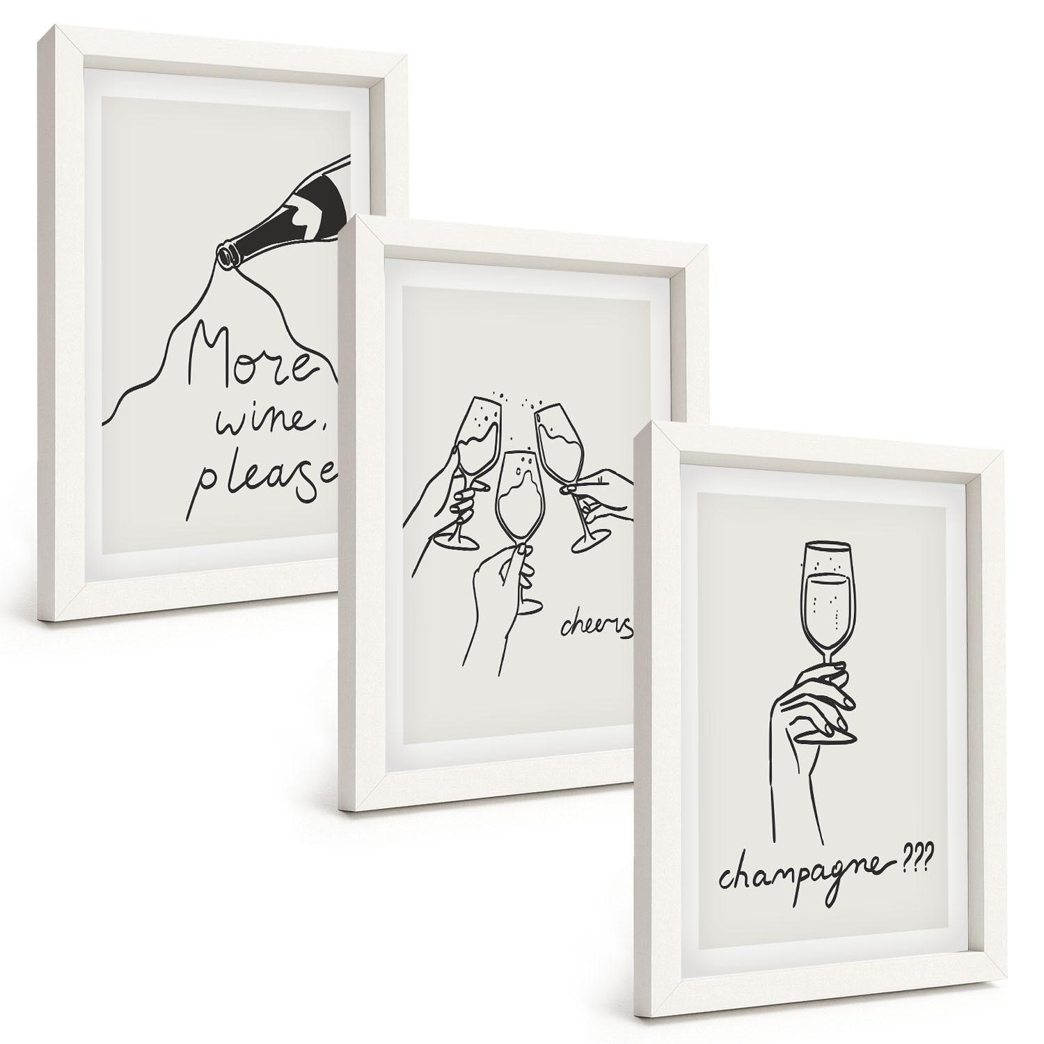 BILDER SET 3er Set - 20x30 cm Weißer Rahmen - Champagner-Wein-Linienzeichnung - Weiß, Kunststoff (20/30cm) - TULUP